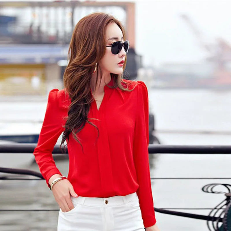 blusa slim de chiffon de manga comprida