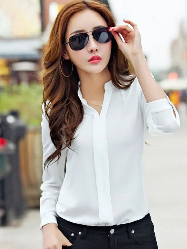 blusa slim de chiffon de manga comprida