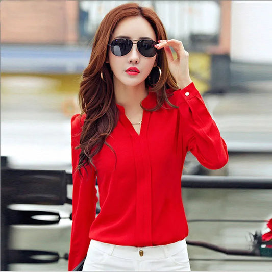 blusa slim de chiffon de manga comprida