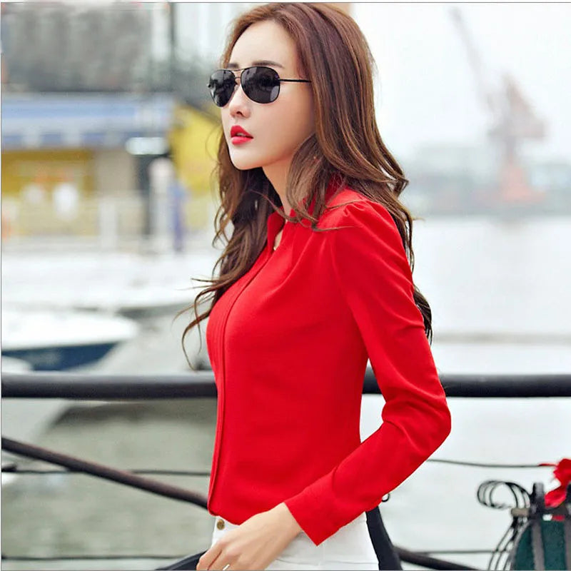 blusa slim de chiffon de manga comprida