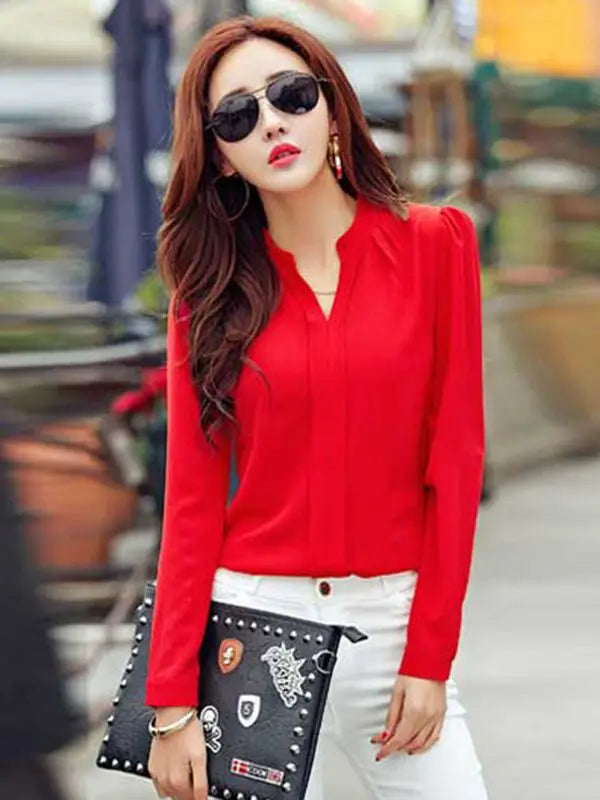 blusa slim de chiffon de manga comprida